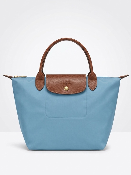 Longchamp Handbags - Longchamp Le Pliage Top-Handle Tote in Light Blue w Brown leather, GUC